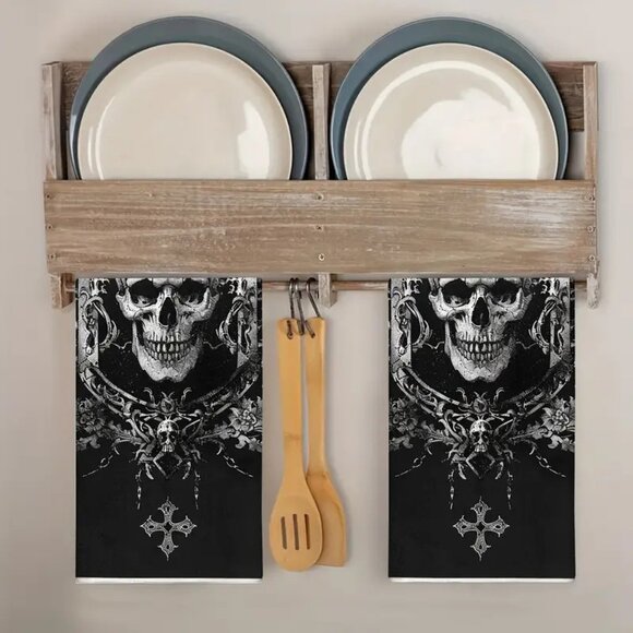 Set of 2 Halloween Skull Hand Towels Kitchen Dish Cloths Gothic Goth Horror NWOT - Picture 3 of 5
